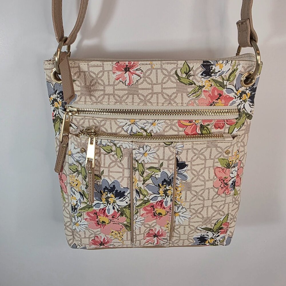 Floral Crossbody Bag Tan Neutral Multi Pocket Adjustable Strap - Picture 5 of 9